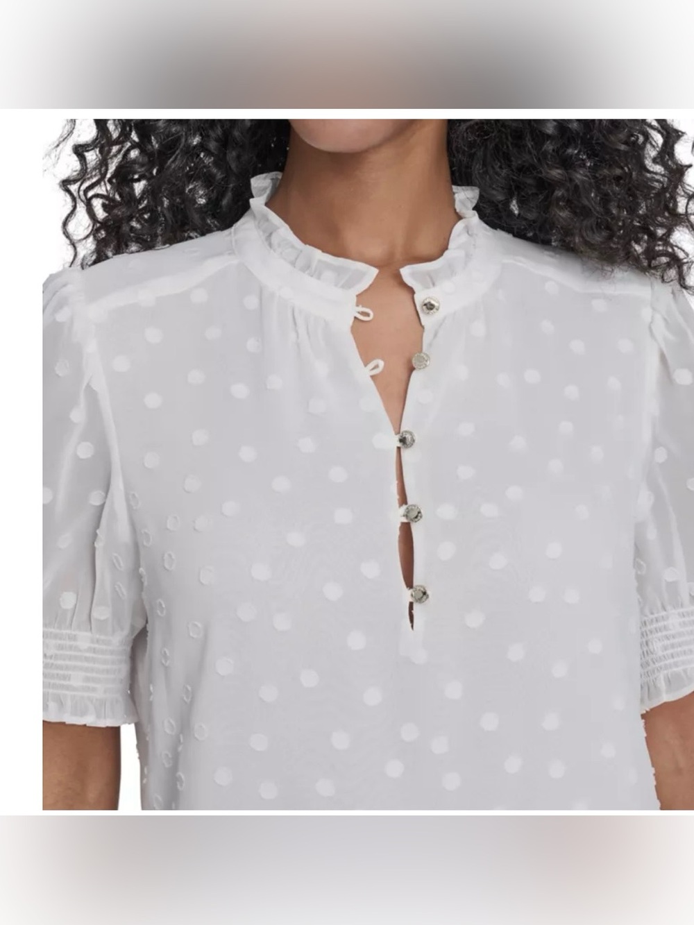 Tommy Hilfiger White Swiss Dot Ruffle Neck Blouse